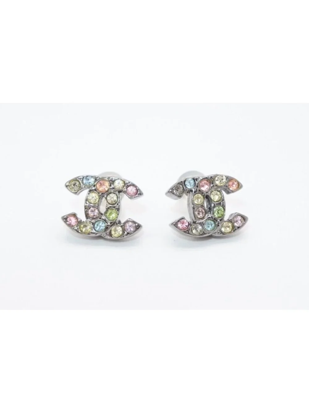 Chanel CC Logo Earrings 05 Color Stone Metal Silver